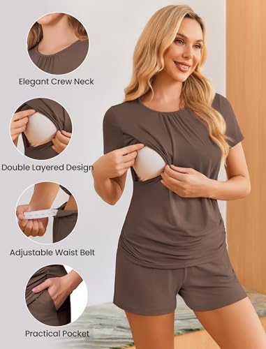 Ekouaer Maternity Nursing Pajamas Set 3 Piece Postpartum Breastfeeding Pjs - color: Brown, size: X-Large