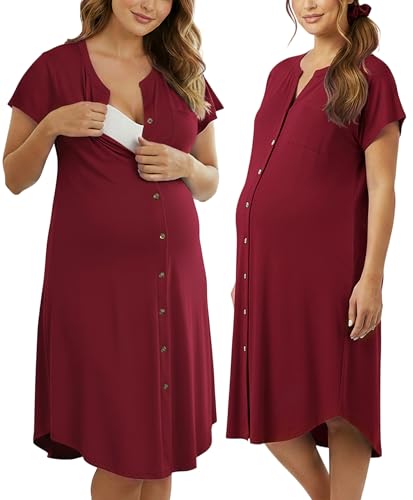 PATPAT Maternity Nursing Dress, Womens Button-Down Midi Dress with Pockets - color: Burgundy, size: Small