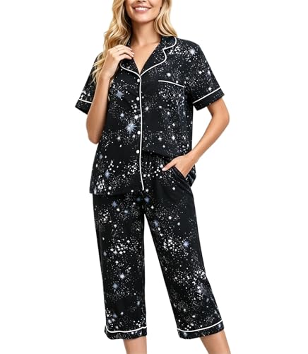 ENJOYNIGHT Womens Pajama Set Capri Short Sleeve Button Down Pj with Pocket - color: Black Star, size: Small