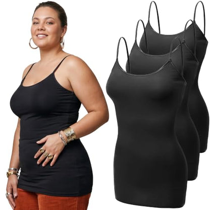 Emmalise Women's Basic Casual Long Camisole Adjustable Strap Cami Layering Top - color: 3pk - Black, Black, Black, size: 3X-Large