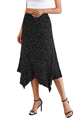 DJT Women's Flowy Handkerchief Hemline Midi Skirt - color: Black Polka Dots, size: Medium