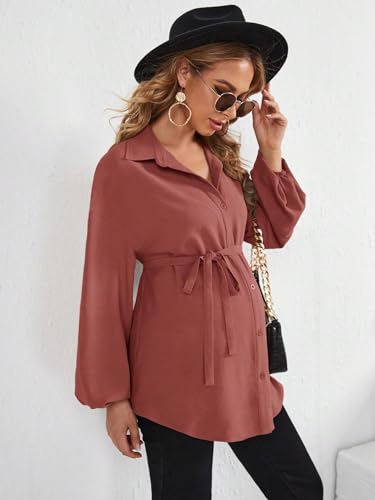 MakeMeChic Women's Maternity Blouse Long Sleeve Belted Button Down Tops - color: Redwood, size: Large