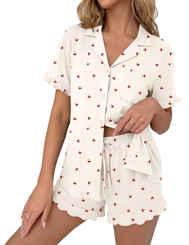 Ekouaer Pajamas Set for Women Button Down Pjs Lounge Sets Ruffle Sleepwear - color: Beige Cherry, size: Small