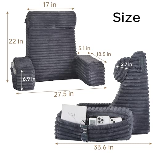 ENITYA 22" XL Back Pillow for Bed Sitting Up with Armrests & Big Pockets - color: Dark Grey, size: XL(5'3"-5'11")