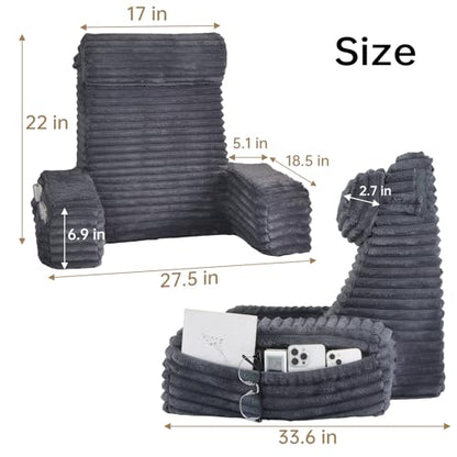 ENITYA 22" XL Back Pillow for Bed Sitting Up with Armrests & Big Pockets - color: Dark Grey, size: XL(5'3"-5'11")