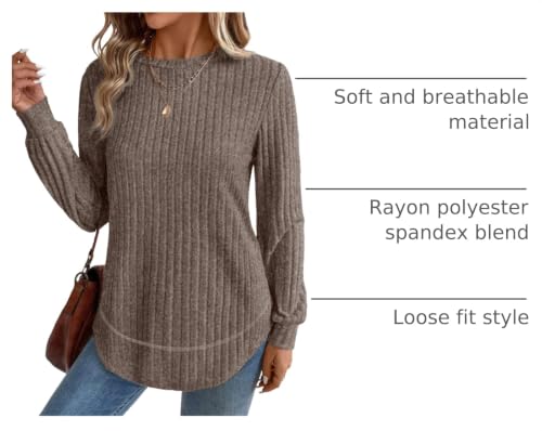 OFEEFAN Womens Sweaters Crew Neck Tunic Tops Long Sleeve Shirts Curved Hem - color: B-coffee, size: Small