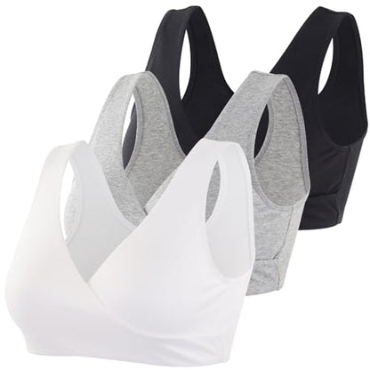 Women's Cotton Wireless Sleep Bra for Nursing and Maternity - color: Black+grey+white, size: X-Large
