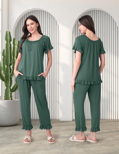 SUNNYBUY 3 PCS Ruffle Nursing Pajamas Set with Bow, Maternity Sleepwear - color: Teal, size: XX-Large