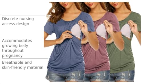 Ekouaer 3 Pack Nursing Tops for Breastfeeding Soft Maternity Shirts - color: 3pcs- Olive + Drak Red + Navy, size: Medium