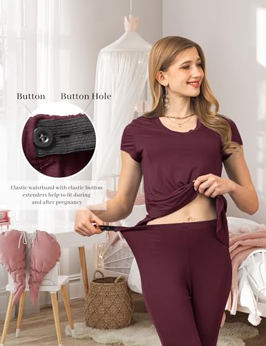 SUNNYBUY 3 PCS Maternity Breastfeeding Pajamas Set with Hidden Nursing Top - color: Burgundy, size: Small