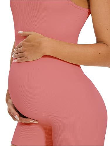 BDITANLE Maternity Workout Romper Pregnancy Yoga Ribbed One Piece Seamless Tank Top Jumpsuit - color: 010pink, size: Medium