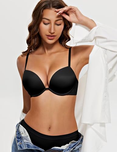 Wingslove Women's Push Up Bra Deep V Plunge Underwire T-Shirt Bra Multiway 2 Cups Up - color: Black, size: 32C