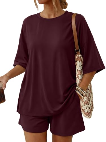 Trendy Queen Women's 2 Piece Summer Matching Set Lounge Wear with Pockets - color: Burgundy, size: Small