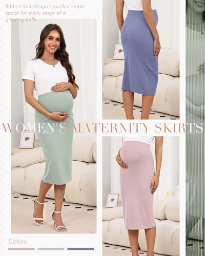 3 Pack Women's Ribbed Maternity Skirts - color: Pink, Bean Green, Haze Blue, size: X-Large