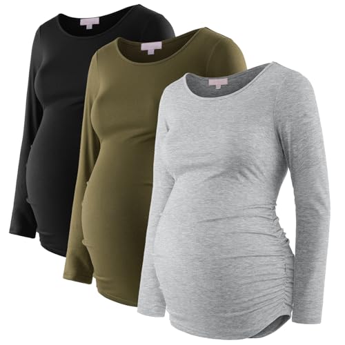 Bhome Women's Maternity Shirts 3 Packs Long Sleeve Pregnancy Tops Basic Side Ruched Tunic Blouse - color: Black/Olive Green/Gray, size: Small