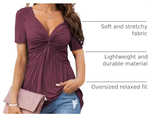 Tankaneo Womens Front Knotted V-Neck Blouse T Shirt Short Sleeve Oversized Tunic Tops Summer Solid Pullover Tees - color: B04-fuchsia, size: X-Large