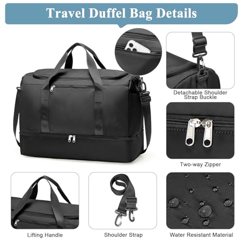 Small Travel Duffle Bag with Shoe Compartment, 35L Personal Item Bag - color: A-Black, size: Small