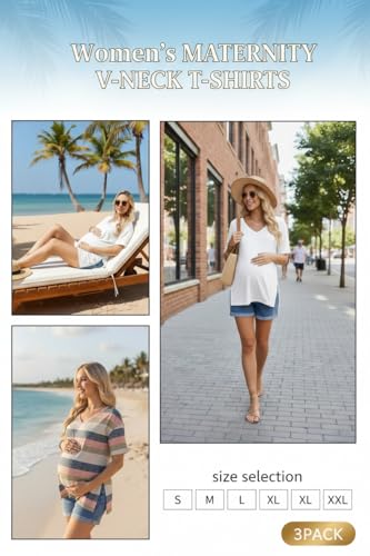 Ekouaer Maternity Shirts 3 Pack Oversized Pregnancy Tops Summer Clothes - color: 3 Pcs Black/ White/ Pink Stripe, size: Medium