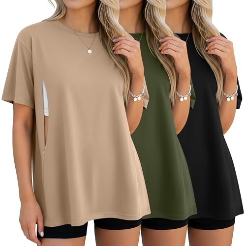 3 Pack Women's Oversize Nursing Tops - color: Khaki, Army Green, Black, size: Small