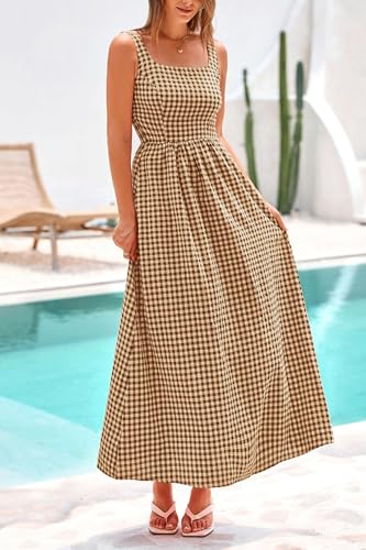 PRETTYGARDEN Women's Summer Gingham Maxi Long Dress - color: Coffee, size: Small