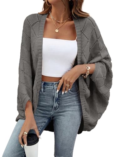 Sidefeel Women's Crochet Oversized Cardigan Sweaters Spring Hollow Out Long Batwing Sleeve Summer Shrugs Lightweight Sweater - color: Dark Grey, size: Large
