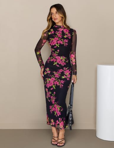 MEROKEETY Womens Fall Long Sleeve Floral Wedding Guest Maxi Dress - color: Black, size: Small