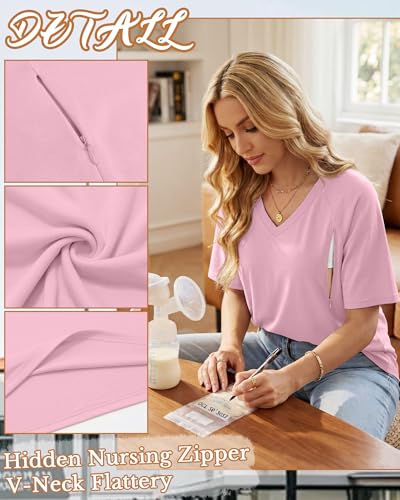 4 Pack Women's Nursing Short Sleeve Shirts - color: Light Blue, Pink, White, Khaki, size: X-Large
