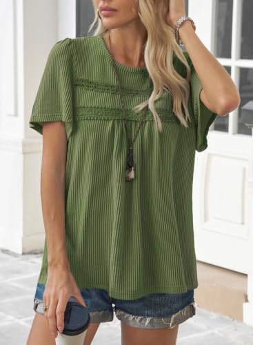 Falechay Womens Tops Boho Ribbed Flowy Stretchy Crochet Short Sleeve Shirts - color: Green, size: Medium