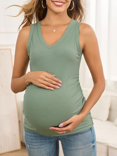 FMEYOA Maternity Tank Tops V Neck Ribbed Knit Sleeveless Maternity Shirts - color: Light Green, size: Medium