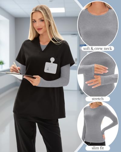 4 Pack Womens Crew Neck Long Sleeve Underscrub Shirts - color: Black, Dark Gray, Light Gray, White, size: Large