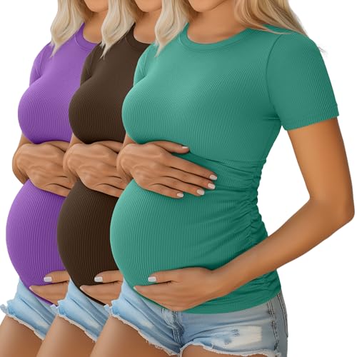 Ficerd 3 Pack Women's Short Sleeve Maternity Shirts - color: Purple, Coffee, Pink Green, size: Small