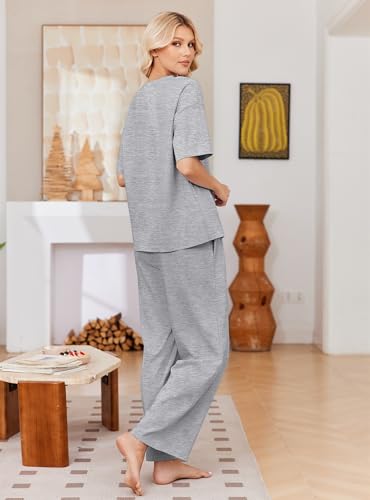 Ekouaer Womens Pajama Sets Cotton Short Sleeve Long Pants Lounge Set - color: Light Grey, size: Medium