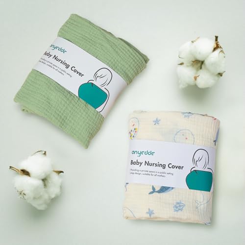 ANYEDDE 2-Pack Nursing Cover for Breastfeeding, Muslin Breastfeeding Covers - color: E Green & Whale