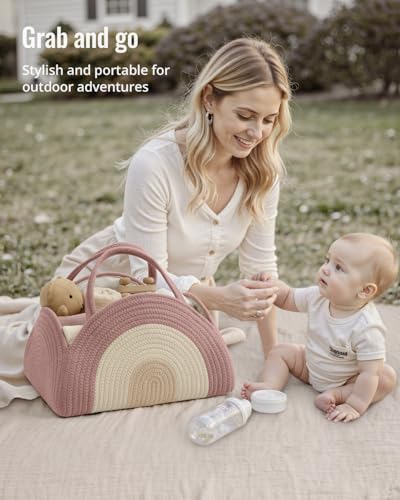 Blissful Diary Diaper Caddy Organizer, Woven Cotton Rope, Blush Rainbow - color: Blush Rainbow