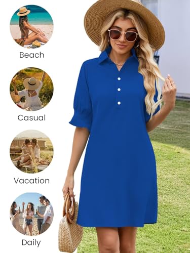 FEKOAFE Womens Casual Dress V Neck Short Sleeve Shift Dresses with Pockets - color: Aa-sapphire Blue, size: Medium