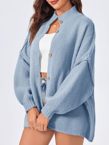 Saodimallsu Womens Oversized Cardigans Long Lantern Sleeve Button Down Chunky Knit Loose Fall Sweater Coats - color: Blue, size: Small