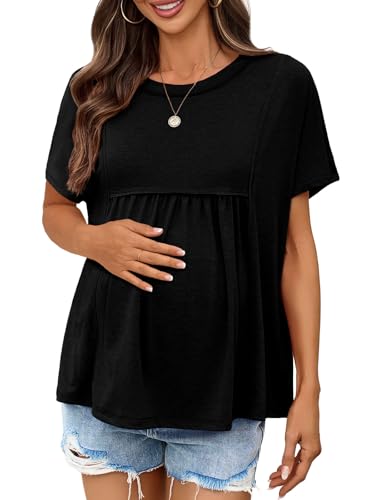 Tankaneo Womens Maternity Tops Batwing Short Sleeve Pregnancy T Shirts - color: Black, size: Small