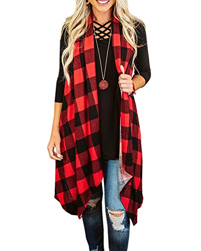 Ivay Womens Plaid Open Front Sweaters Sleeveless Duster Cardigans Drape Lightweight Vest Coat with Pockets - color: Red, size: Small