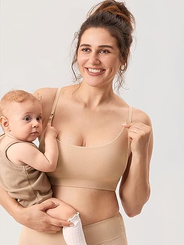 MOMANDA Ribbed Nursing Bras for Breastfeeding - color: Beige, size: Large