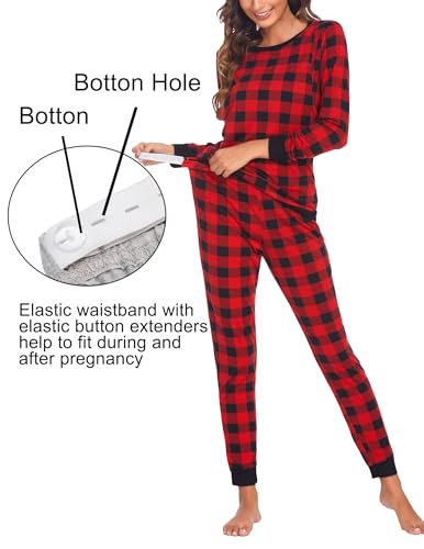 Ekouaer Nursing Pajamas Set Long Sleeve Maternity Clothes Thermal Underwear - color: Black Red Plaid, size: Small
