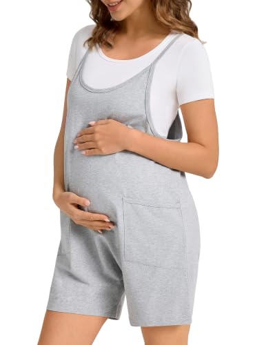 Cotton Blend Maternity Adjustable Strap Overall Shorts - color: Grey, size: Medium
