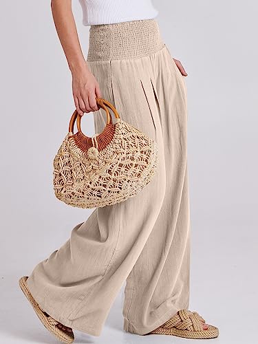 ANRABESS Women Linen Palazzo Wide Leg Pants with Pockets - color: Almond, size: Small