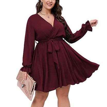 SCOMCHIC Women's Plus Size Long Sleeve Wrap V Neck A Line Mini Dress - color: Burgundy, size: X-Large Plus