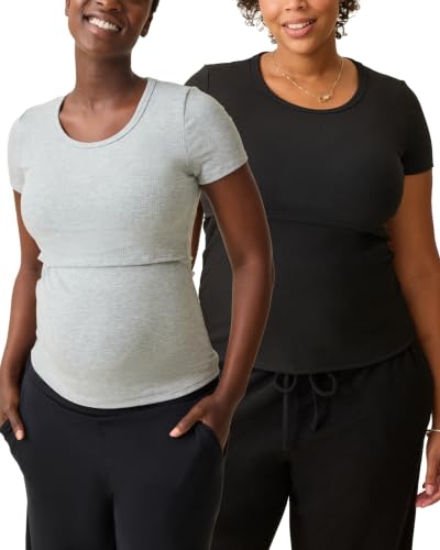 Kindred Bravely Essentials Ribbed Nursing T Shirt Maternity Crewneck 2 Pack - color: Black & Grey, size: Large