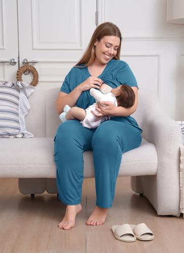 Rnxrbb 3 Piece Postpartum Nursing Pajamas Set Maternity Breastfeeding Pjs - color: Deep Blue, size: Large
