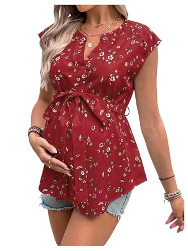 MakeMeChic Women's Maternity Blouse V Neck Cap Sleeve Belted Summer Shirt - color: Burgundy, size: Medium