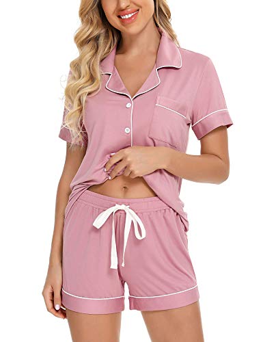 Senert Womens Pajamas Set Short Sleeve Sleepwear - color: A Bean Paste With Line, size: Small