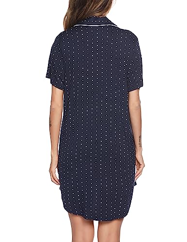 Pjmlifecoco Women's Button Down Nightgown Short Sleeve Sleep Shirt - color: Navy Blue With Dots, size: XX-Large