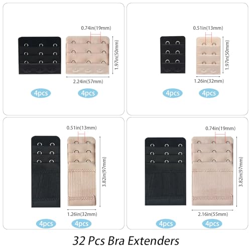 16/32 Pcs Bra Extenders, Women Ladies Stretchy Bra Band Extension 2 Hooks / 3 Hooks, Lingeries Bra Strap Extender - color: 32pcs-multicolor