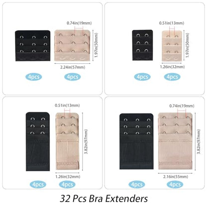 16/32 Pcs Bra Extenders, Women Ladies Stretchy Bra Band Extension 2 Hooks / 3 Hooks, Lingeries Bra Strap Extender - color: 32pcs-multicolor